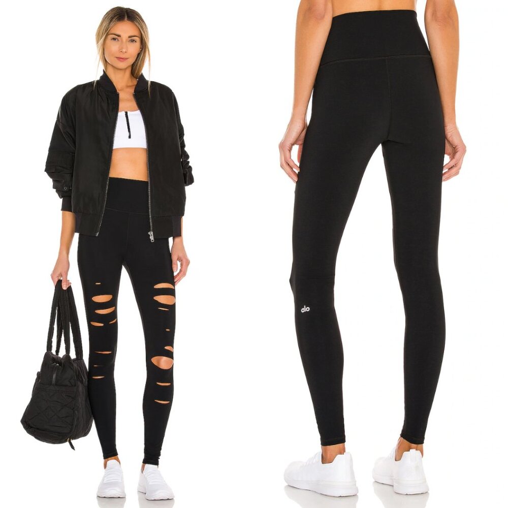 Alo Yoga Black Stretch Knit Ripped Distressed High Rise Leggings